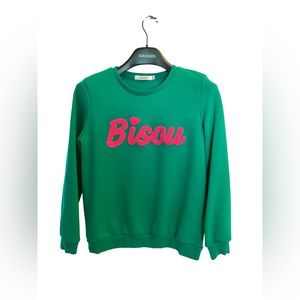 Green Sweatshirt with Pink Letters Bisou (kiss) bought in France